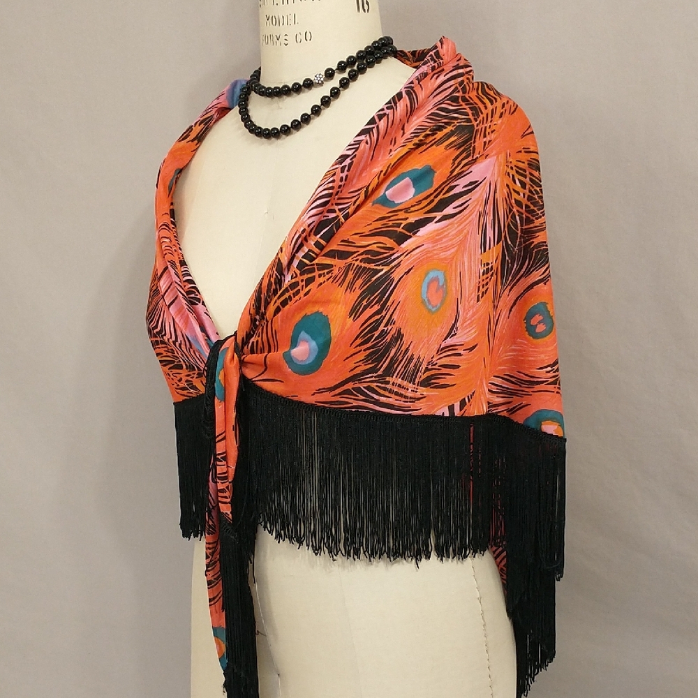 Vintage Peacock Fringe Shawl Lite Wrap Fun Bright Colorful Party Prom Perfect